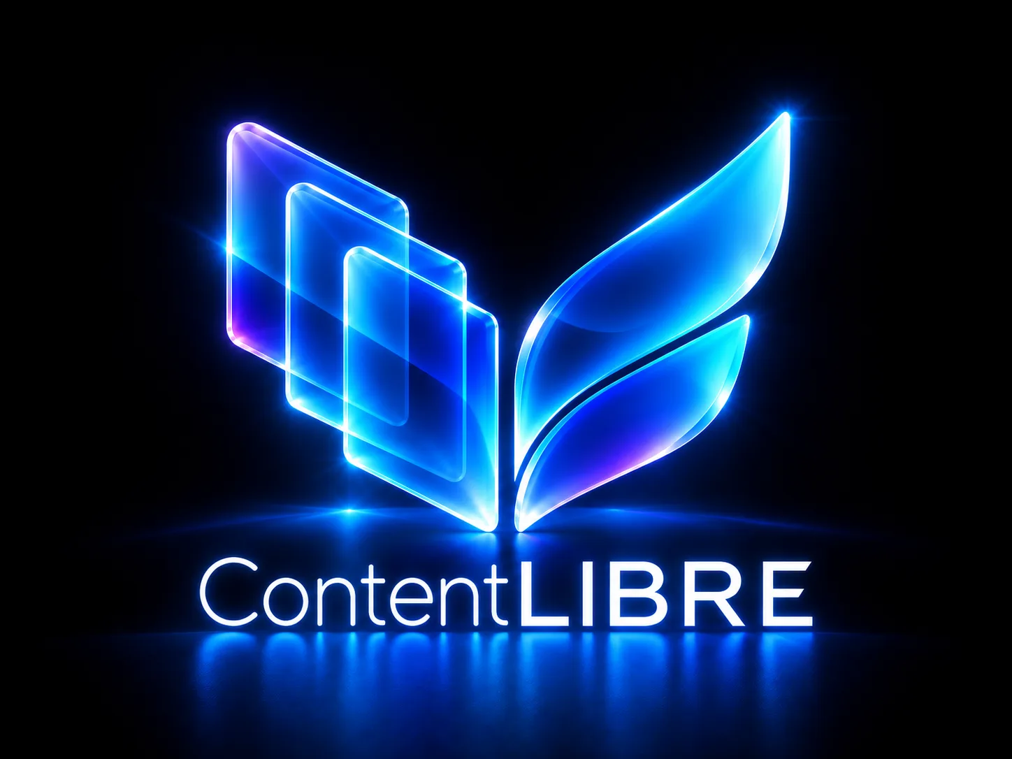 The ContentLIBRE mark: three overlapping pages and two wings, rendered in glossy blue on midnight.